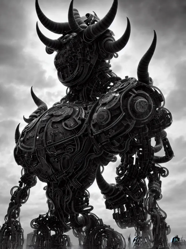 Prompt: Techno-God is an ancient mechanical gray chaotic giant horned humanoid, digital art, 16k, hyperrealism, high detail, ray tracing, concept art, octane render
