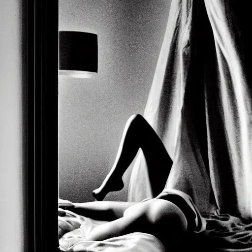 Prompt: a black and white artistic photography of a woman lying on a bed smoking a cigarette and looking at the window. Fashion photography, art installation, video art.