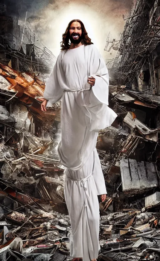 Image similar to jesus christ in a white robe strikes a dramatic dance pose on dead laughing bodies in streets of an apocalyptic metropolis destroyed after war, fantasy art, dramatic lighting, insane details