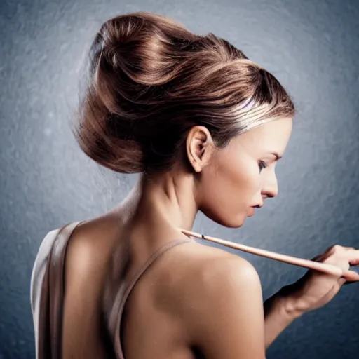 Image similar to beautiful portrait of a woman with artistic brushes in her hair.