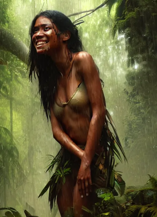 Prompt: a young indigenous woman under a pouring rain in the jungle, with arms wide open, smiling, art by greg rutkowski