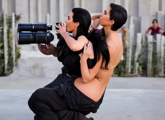 Prompt: photography of Kim Kardashian shooting a baby out of a cannon