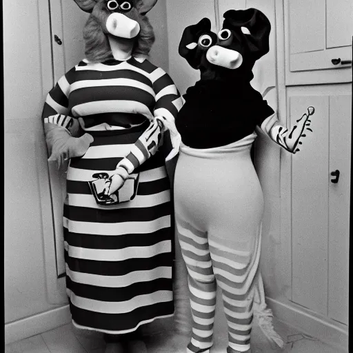 Image similar to 1976 two curvy women in a vintage kitchen baking a cake wearing an inflatable long prosthetic snout nose made of gooey green slime, soft color wearing stripes sitting on chairs covered in soft fabric, pink slime everywhere, grey striped walls, studio lighting 1976 color film archival footage holding a hand puppet that looks like Porky Pig, 16mm Russ Meyer John Waters Almodovar Doris Wishman