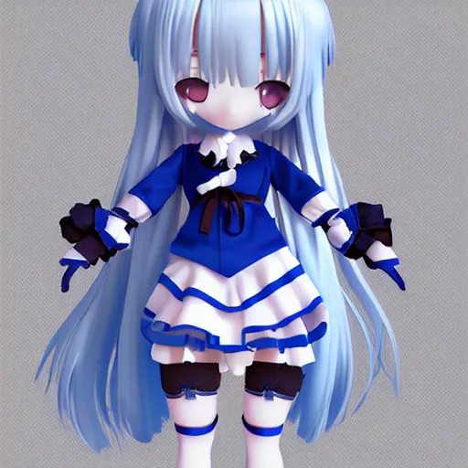 Prompt: cute fumo plush of a gothic maiden in a blue and black uniform, laces and ribbons, soft shadow, anime girl, vray, white frame