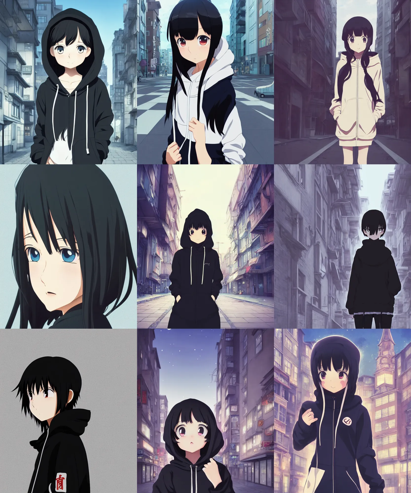 Prompt: anime visual, portrait of a young black haired girl wearing hoodie on the detailed city street background, one person, cute face by yoh yoshinari, katsura masakazu, studio lighting, full body shot, strong silhouette, zoom out, ilya kuvshinov, cel shaded, crisp and sharp, rounded eyes, bright