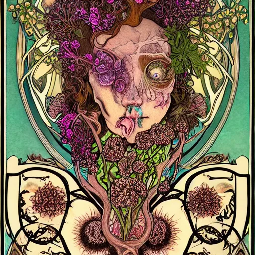 Image similar to a beautiful detailed front view portrait of a rotten woman corpse with fractal plants and fractal flowers and mushrooms growing around, symmetrical, ornate, ornamentation, illustration, in the style of art nouveau, mucha