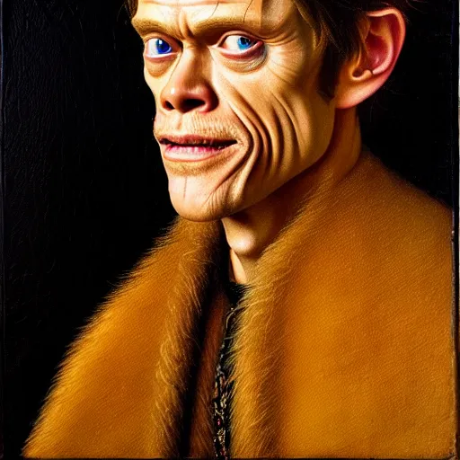 Image similar to portrait of the son of chris hemsworth willem dafoe steve buscemi, oil painting by jan van eyck, northern renaissance art, oil on canvas, wet - on - wet technique, realistic, expressive emotions, intricate textures, illusionistic detail