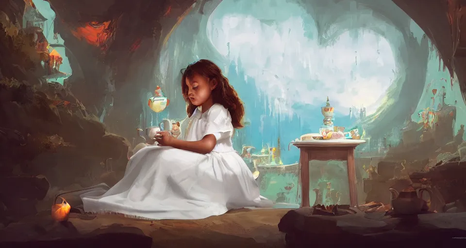 Image similar to a child girl in a white dress drinking tea in a room constructed out of warping tea cups by peter mohrbacher, vivid colors, matte painting, 8K, concept art, mystical color scheme, trending on artstation