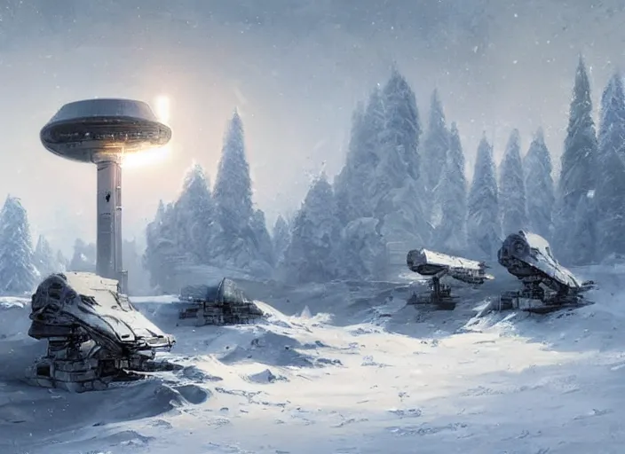 Image similar to futuristic satellite communication technology partially buried in the snow, digital painting by greg rutkowski and james gurney, global illumination, trending on artstation, highly detailed