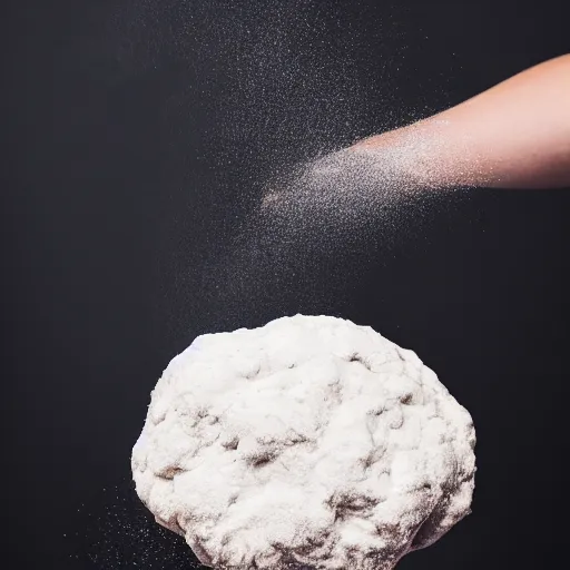 Image similar to two hands manipulating a dough floating in the air, black background, flour dust spray, backlit, high quality action photography, studio photo, 50mm