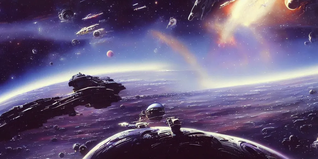 Image similar to a beautiful space scene with a spaceship, ralph mcquarrie, john berkey, alan bean trending on artstation, highly detailed oil painting, hyperrealistic, cinematic, dramatic lighting