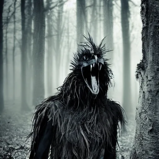 Image similar to werecreature consisting of a crow and a human, featured on artstation, photograph captured in a dark forest