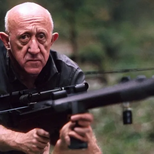 Image similar to Film Still of Mike Ehrmantraut aiming a sniper rifle, 8k, highly detailed