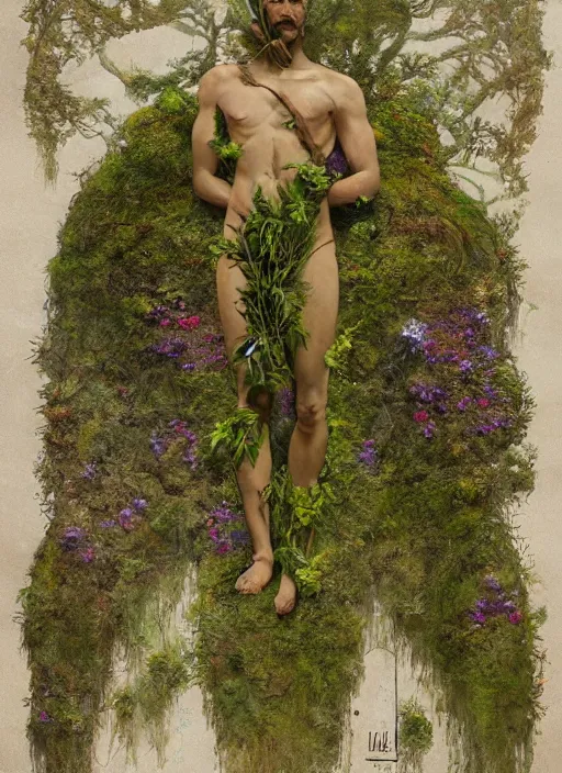 Image similar to a man made of moss and flowers, full body view, beautiful high quality realistic fantasy art, trending on artstation by artgerm and greg rutkowski and alphonse mucha