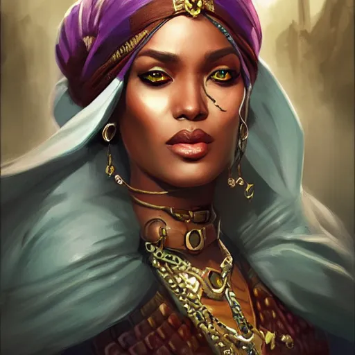 Prompt: somali empress, D&D, fantasy, portrait, highly detailed, digital painting, trending on artstation, concept art, sharp focus, illustration, art by artgerm and greg rutkowski and magali villeneuve