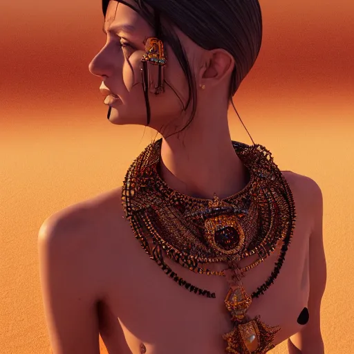 Image similar to giesha demon, innovative avant - garde art, deco fashion, asian desert nomad women, highly detailed, photorealistic portrait, serene desert setting, golden hour, crisp quality and light reflections, octane render