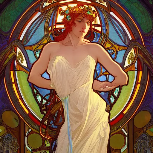 Image similar to a Portrait of A goddess in a church with a holy light emanating from her body by alphonse mucha and wlop,In style of digital art illustration.hyper detailed,smooth, sharp focus,trending on artstation,4k