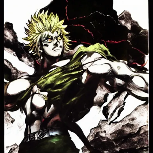 Dio Brando stands atop a rock and strikes a pose,, Stable Diffusion