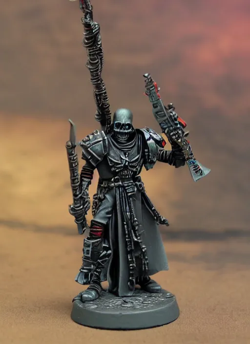 Image similar to 8 0 mm resin detailed miniature of a warhammer 4 0 k grim reaper, bloody, futuristic, product introduction photos, 4 k, full body,