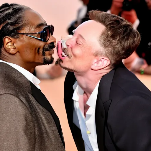 Image similar to snoop dogg french kissing elon musk with long tongue, in front of paparazzi, 8 k, photo,