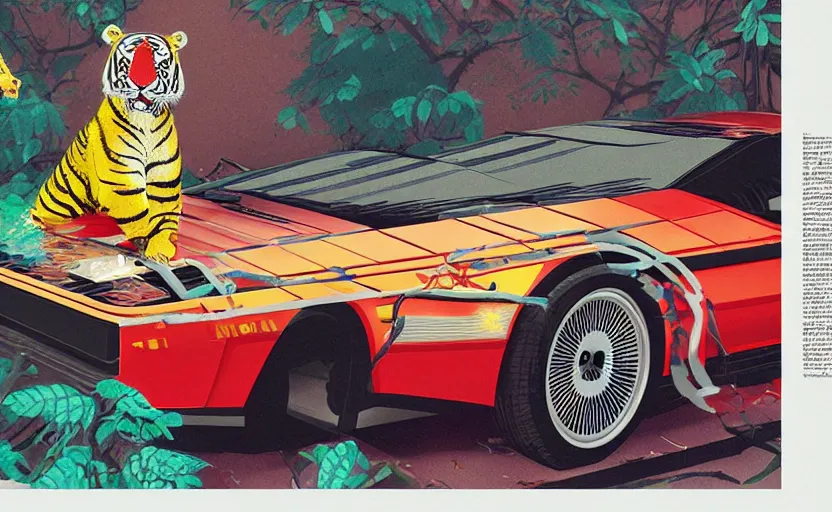Prompt: a red delorean and yellow tiger, art by hsiao - ron cheng and utagawa kunisada, magazine collage, # de 9 5 f 0