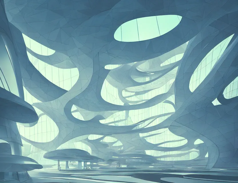 Prompt: beautiful futuristic architecture with organic shapes. gouache, limited palette, by award - winning mangaka, backlighting, depth of field.
