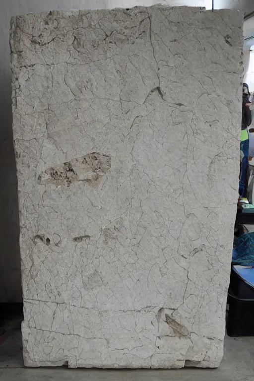 Prompt: the rectangular white stone slab is carved with horrible graphics