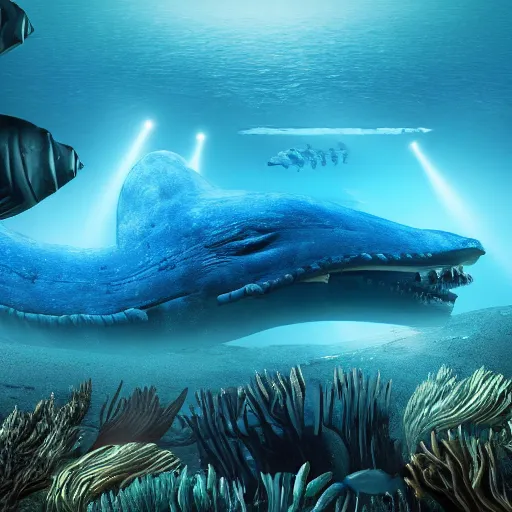 Image similar to blue whale being eaten by a cyclops underwater blue glow seaweed tiny fish wide angle unreal engine