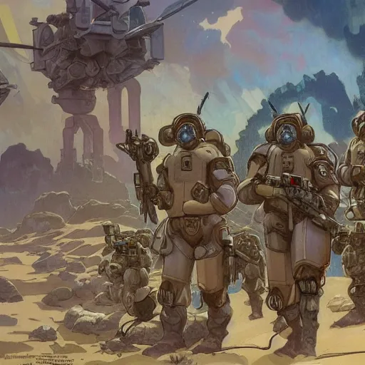 Prompt: USN mechs patrol Australian neutral zone with infantry accompaniment. 2087. Concept art by James Gurney and Alphonso Mucha