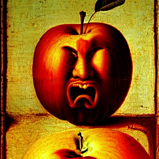 Image similar to an Apple (fruit) that has an angry face, eyebrows indicating anger, renaissance painting, art by Da Vinci, 8k