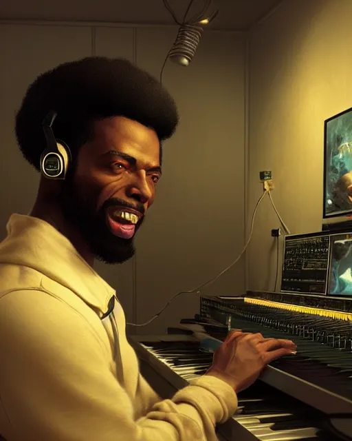 Image similar to light skin black man with headphones at his home studio producing music late at night, very detailed, 4 k, concept art like ernest khalimov, intricate details, highly detailed by greg rutkowski, ilya kuvshinov, gaston bussiere, craig mullins, simon bisley