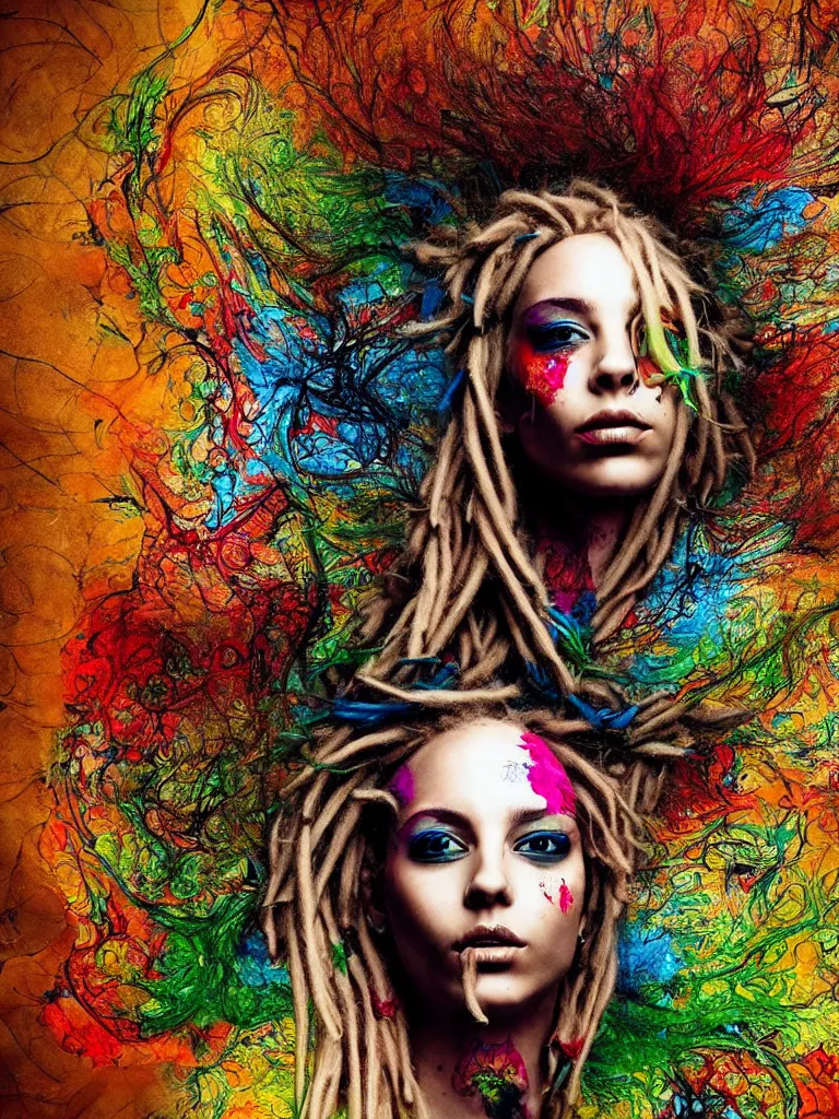 Prompt: a stunningly beautiful woman with blonde dreadlocks, in the style of artur bordalo, in a fractal environment