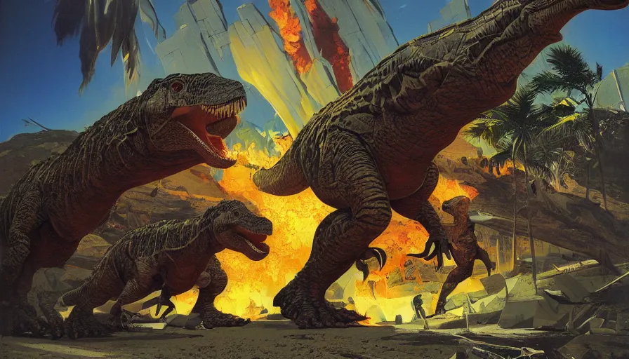 Image similar to the impact that destroyed the dinosaurs by syd mead and moebius, hyperrealistic, dinosaurs scorched