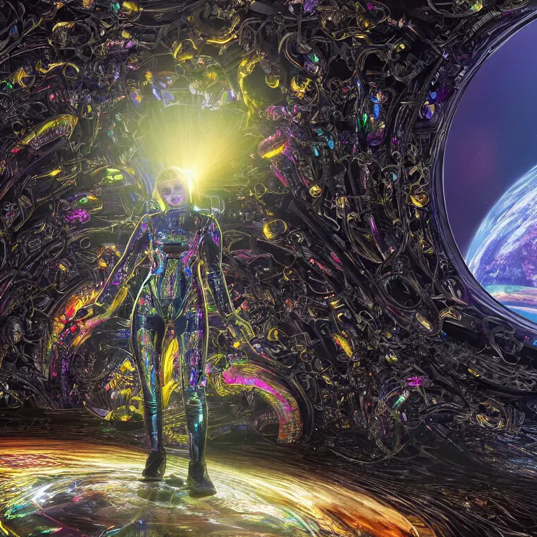 Prompt: octane render by wayne barlow and carlo crivelli and glenn fabry, a woman in a skintight shiny black spacesuit with intricate iridescent metal detailing, covered in bright colorful alien flora and fauna inside a massive cavernous metal dome, cinema 4 d, ray traced lighting, ultra - detailed, volumetric lighting