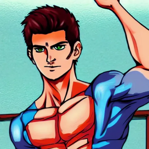 Image similar to Still of Andrew Garfield with a very muscular body type, anime art, anime style