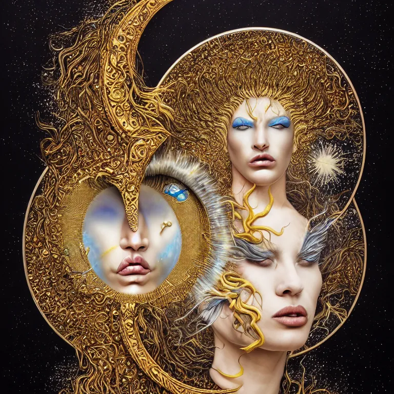 Image similar to female deity moon goddess coming out of high tide water, hyperrealism, eccentric, unreal, jamie jones, electrifying, golden ratio, hyper maximalist, elegant, ornate, luxury, elite, ominous