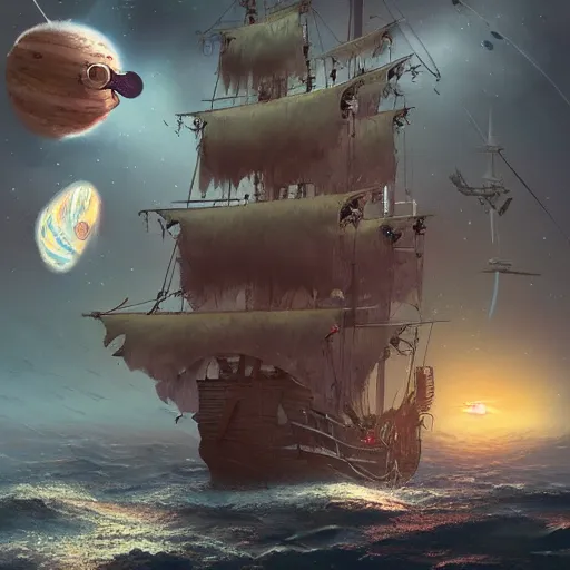 Prompt: pirate ship sailing through space with distant planets visible in the background, trending on artstation, ultra fine detailed, hyper detailed, hd, concept art, digital painting