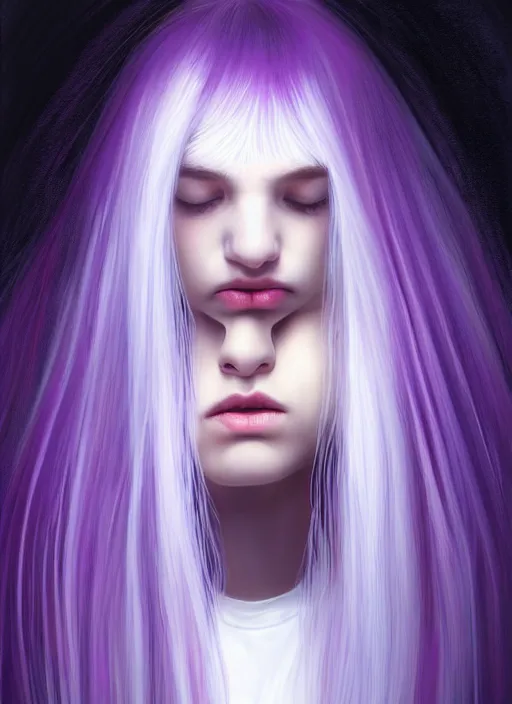 Image similar to hair whitebangs hair, black hair, blackbangswhitehair, portrait of teenage girl with white bangs, red irises, purple clothes, white bangs, bangs are different color from hair, intricate, elegant, glowing lights, highly detailed, digital painting, artstation, concept art, sharp focus, illustration, art by wlop, mars ravelo and greg rutkowski