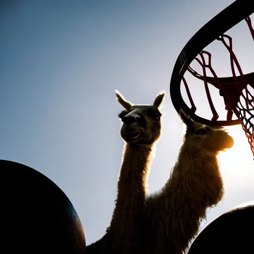 Image similar to film still of a llama dunking a basketball, low angle, extreme long shot, indoors, dramatic backlighting