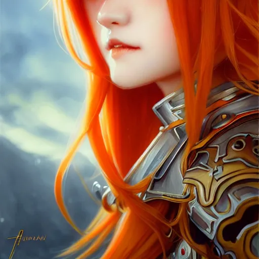 Image similar to Asuna Yuuki, Portrait of a young woman with blonde orange hair wearing a partial paladin armor with a red skirt and white top, face, fantasy, intricate, elegant, highly detailed, digital painting, artstation, concept art, smooth, sharp focus, illustration, art by Fernanda Suarez and Artem Demura and alphonse mucha