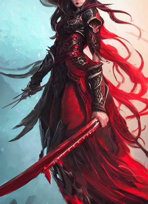 Prompt: a highly detailed illustration of elegant long black haired woman wearing red and black battle dress, heroically wielding black blade pose, with red magic surrounding her, intricate, elegant, highly detailed, centered, digital painting, artstation, concept art, smooth, sharp focus, league of legends concept art, WLOP