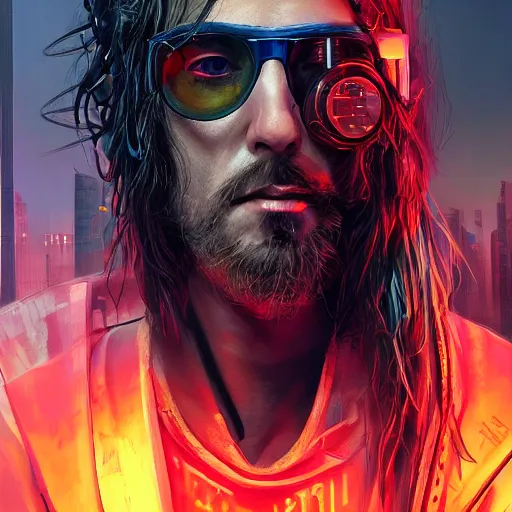 Image similar to cyberpunk, closeup portrait of a shaggy cyberpunk hacker, eye bags, dramatic light, city background, sunset, dystopian setting, high contrast, sharp, neuromancer, henry dorsett case, painted by stanley lau, painted by greg rutkowski, painted by stanley artgerm, digital art, trending on artstation