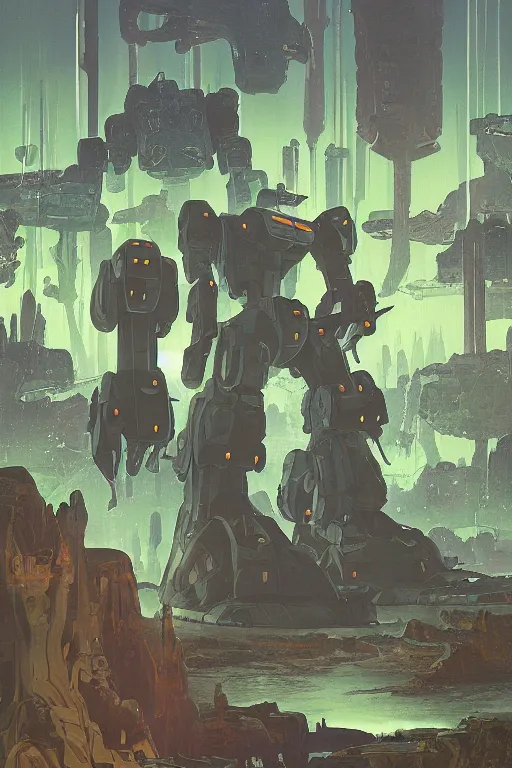 Prompt: giant mecha robot fight with giant сyclops with laser, swamps landscape and pillars by helen lundeberg