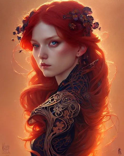 Prompt: Beautiful, evil and playful ethereal ginger portrait, art nouveau, fantasy, intricate flower designs, elegant, highly detailed, sharp focus, art by Artgerm and Greg Rutkowski and WLOP