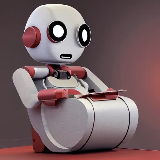 Image similar to futuristic lonely matte brown and red full-body humanoid robot with two huge round expressive sad LED eyes and open rectangular mouth sitting on a large comfortable cushioned 1950s vintage recliner reading a newspaper. open newspaper. Cinematic Movie Photograph, Arri Alexa, Extremely Detailed, smooth, very very clean, 8K, octane render, maya render, unreal engine, trending on artstation, DSLR, excellent composition, center frame