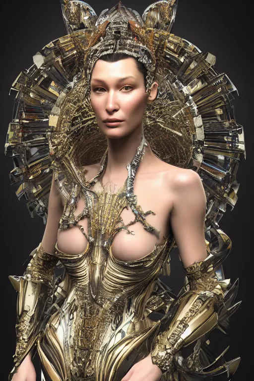 Image similar to a highly detailed 4 k portrait render of an alien goddess bella hadid in iris van herpen dress schiaparelli armor in diamonds and lots of jewelry in style of alphonse mucha trending on artstation made in unreal engine 4