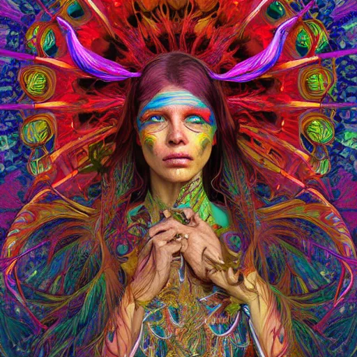 Image similar to A reality bending psychedelic ayahuasca experience, colorful, distorted, surreal, tropical bird feathers, dramatic lighting on the face, intricate, elegant, highly detailed, digital painting, concept art, smooth, sharp focus, illustration, art by Krenz Cushart and Wayne Barlowe and alphonse mucha