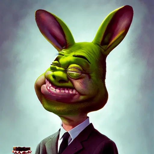 Prompt: hyper realistic, portrait of a derpy mr. bean, big chungus, with bunny ears, shrek skin, smoking massive amounts of weed, big smile, buck teeth, by greg rutkowski, scott m fischer, artgerm, loish, slight glow, atmospheric, anne stokes, alexandros pyromallis, 4 k, 8 k