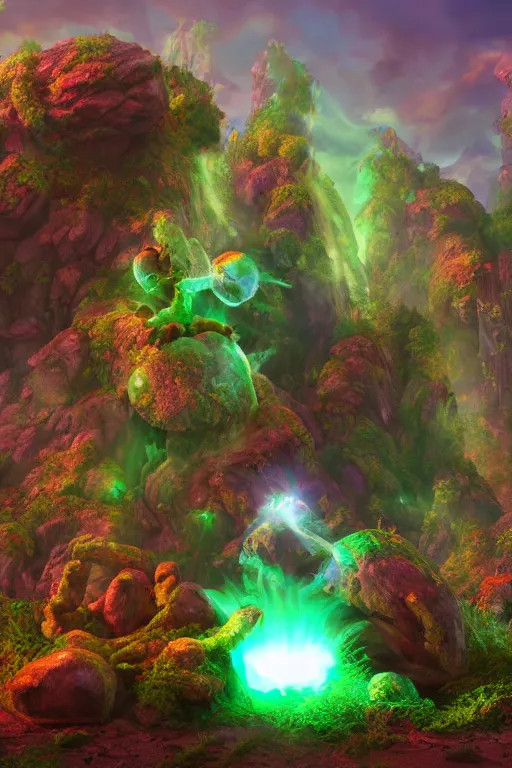 Image similar to arcane fantasy art giant golem elemental wood rock bastion forged gemstone enchanted forest troll, global illumination ray tracing hdr fanart arstation by sung choi and eric pfeiffer and gabriel garza and casper konefal lisa frank zbrush central hardmesh radiating a glowing aura