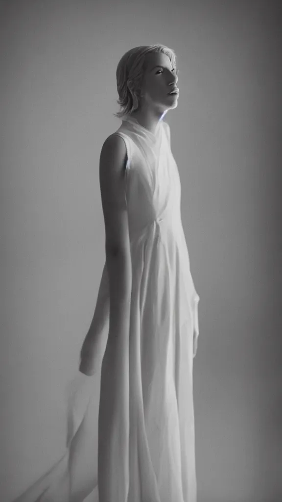 Prompt: photo of gorgeous tall emily skinner cosplaying annie leonhart wearing elegant white dress in a white room, beautiful face, pale skin, rule of thirds, cinematic lighting, rainy weather, melancholy atmosphere, sharp focus, backlit, stunning, smooth, hard focus, full body shot, studio photo, shot on sony a 7 iii, hyper realistic,